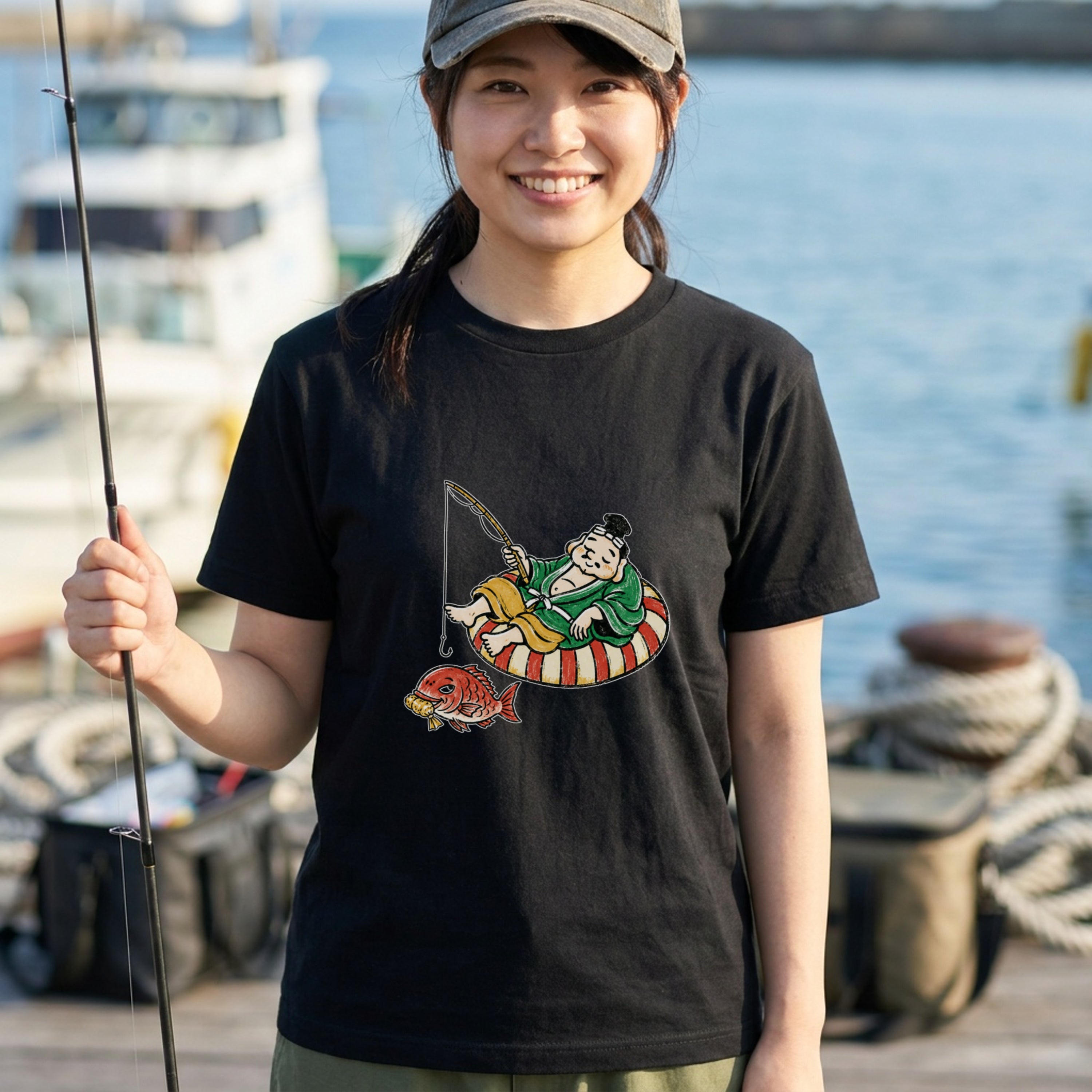 EBISU SUMMER | 手描き風 恵比寿様 釣り タイ バカンス グラフィック Tシャツ【和風レトロ・釣り人・普段着・オシャレ・ギフトに最適】